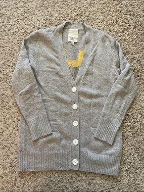 Women's Gray Button-Front Cashmere Cardigan with Yellow Detail
